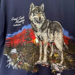 New Vintage 1990s Great Smoky Mountain Wolf Sunset T-Shirt Tennessee 1999